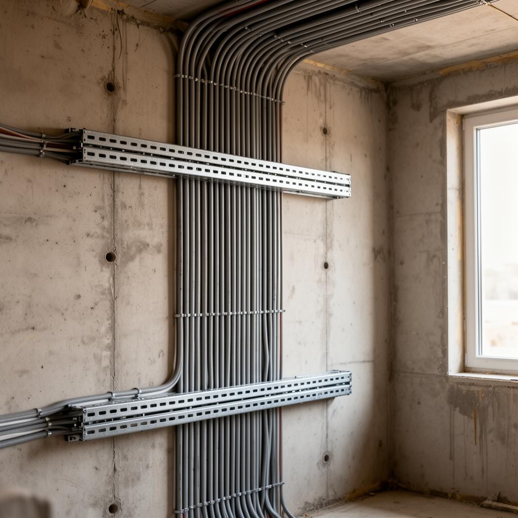 Prydligt installerade kabelstegar och elrör på rå betongvägg under nyproduktion